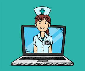 Cartoon style vector of medical online consultation. Sketch style colorful doodle illustration of smiling female nurse on laptop screen.