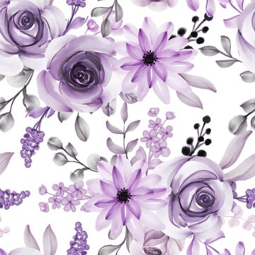 watercolor flower and leaves purple seamless pattern