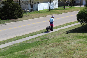 Lady and her dog walking along sidewalk