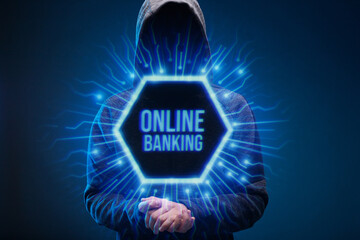 Dangerous hacker. Internet, cryptocurrency, finance, business, cyber crime, cyber attack, game, breaking and malware concept. Dark background. Futuristic holographic interface to display data.