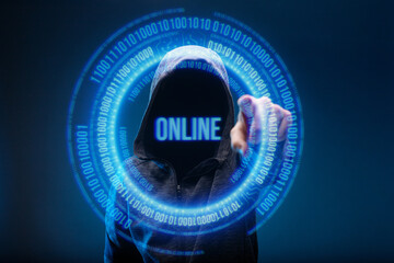 Dangerous hacker. Internet, cyber crime, cyber attack, system, game, breaking and malware concept. Dark background. Futuristic holographic interface to display data. Man in glasses of virtual reality.