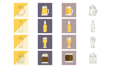 Set of different beer glasses mugs and bottles icon