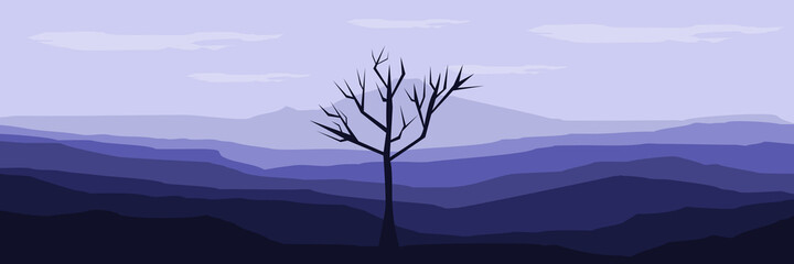 landscape flat design of dead tree in the mountain background vector illustration for wallpaper and background template