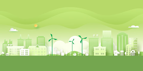 Ecology concept with green eco city background.Environment conservation resource sustainable.Vector illustration.