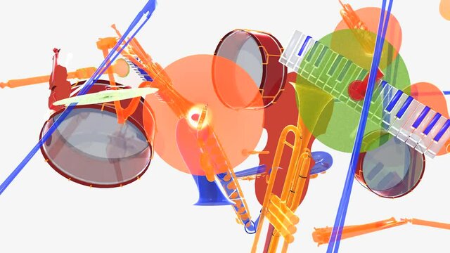 3d animation of various transparent music instruments with bright colors. Moving in space on white background.