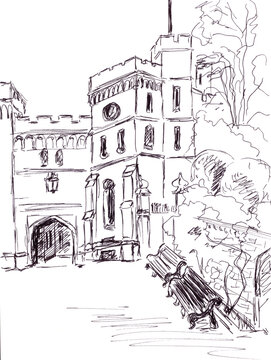 Graphic drawing of an oriental castle, travel sketch