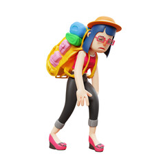 3D Cute Lady Cartoon feels tired carry a bag pack