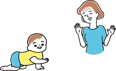 笑顔の赤ちゃんとワンオペ育児中のママのハイハイしているシンプルで可愛いイラスト