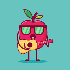 cute apple character playing guitar vector illustration in flat style. suitable for icon, symbol,mascot 