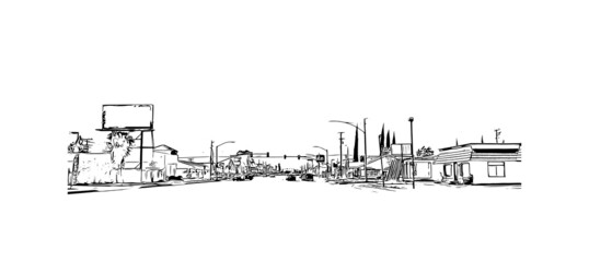 Building view with landmark of Fontana is the 
city in California. Hand drawn sketch illustration in vector.