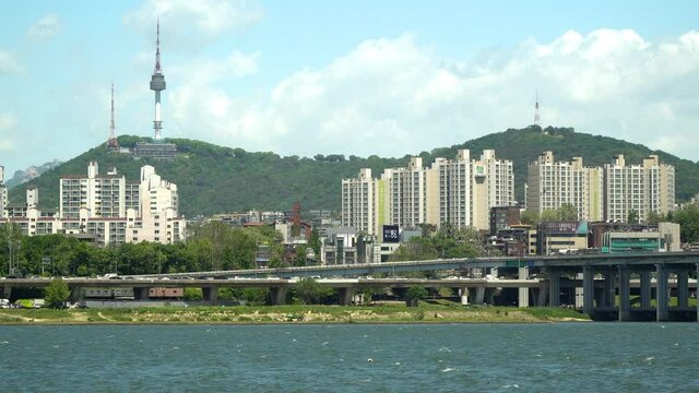 Seoul landscape - Namsan Tower on the top of the mountain and Han river, South Korea