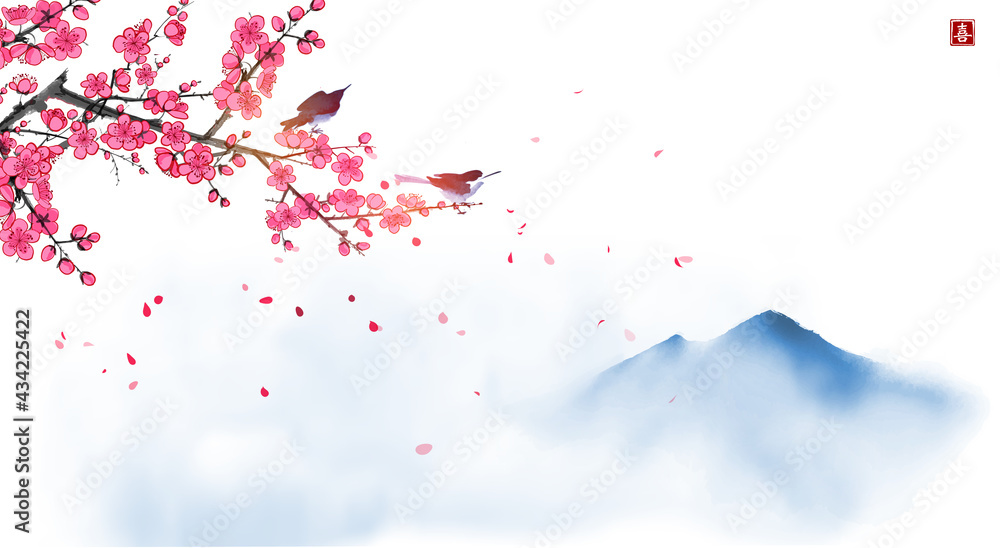 Wall mural two birds on blossoming sakura tree branch and far blue mountains. traditional oriental ink painting - Wall murals