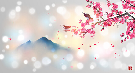 Two birds on blossoming sakura tree branch and far blue mountains. Traditional oriental ink painting sumi-e, u-sin, go-hua. Hieroglyph - joy © elinacious
