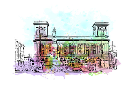 Building view with landmark of Forli is a city in Italy. Watercolor splash with hand drawn sketch illustration in vector.