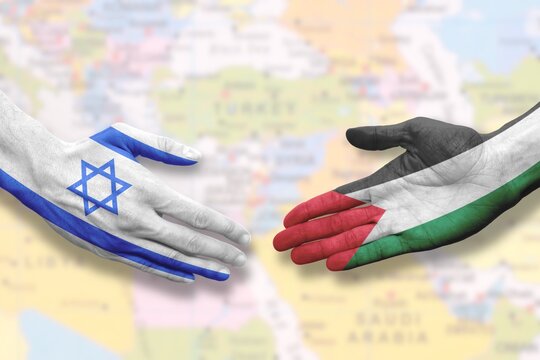 Israel and Palestine - Flag handshake symbolizing peace or agreement