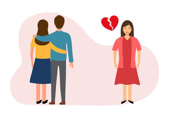Sad woman with broken heart standing with happy loving couple. Sorrow and loneliness emotion.