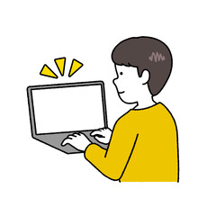 Fototapeta na wymiar Boy in yellow clothes using a computer