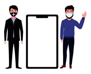 Young beautiful businessman characters wearing business outfit standing with blank mobile screen and waving