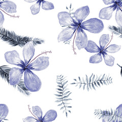 Navy Seamless Exotic. Blue Pattern Palm. White Tropical Plant. Cobalt Flower Textile. Indigo Drawing Botanical. Gray Watercolor Plant. Spring Hibiscus.