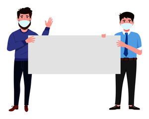 Young businessman characters wearing business outfit fabric mask holding blank board placard together isolated waving
