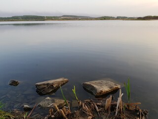 Blue stationary surface of the lake