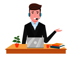 Young beautiful businessman a character wearing business outfit headphone setting on desk with laptop coffee and waving