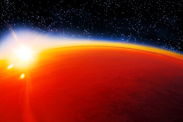 Cosmic sunset landscape, sunrise in cosmos over planet Mars horizon, stars, dark blue sky, yellow...