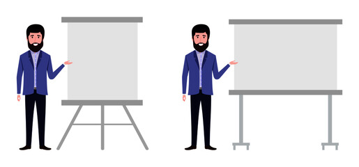 Obraz premium Young beautiful businessman a character wearing business outfit standing with blank presentation board and pointing