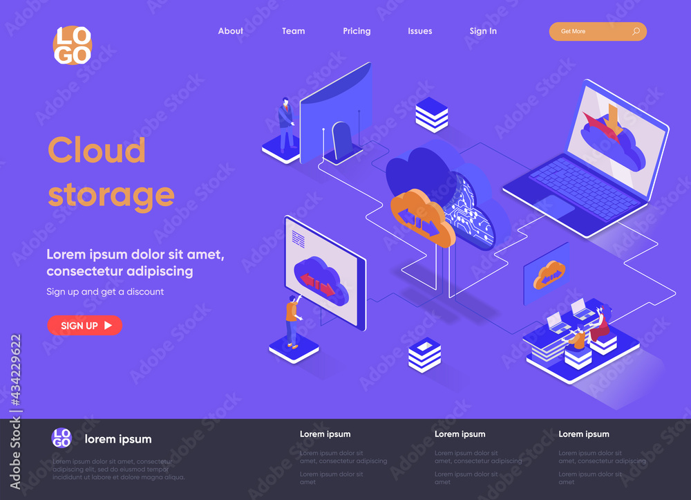 Poster cloud storage isometric landing page. internet hosting provider, data storage service isometry conce