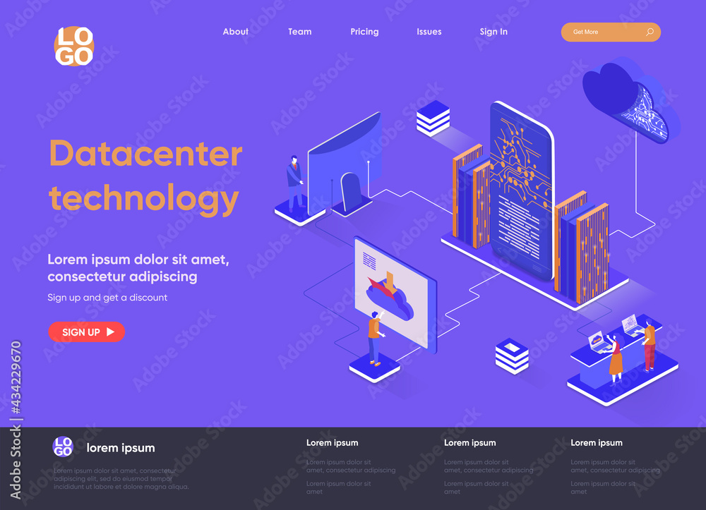 Fototapete Data center technology isometric landing page. Internet hosting service isometry concept. Data center computing and networking equipment flat web page. Vector illustration with people characters.