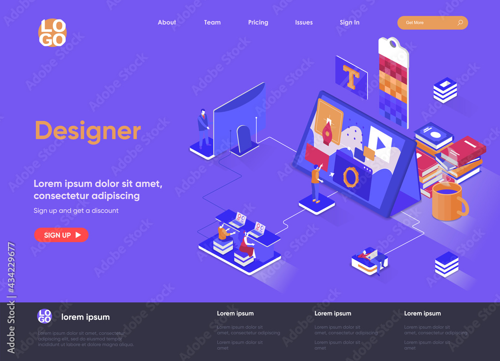 Poster designer isometric landing page. website development, ui ux design isometry concept. professional br