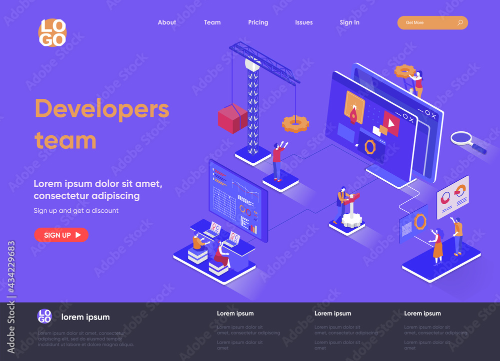 Poster Developers team isometric landing page. Full stack software development company isometry concept. App engineering, programming and testing flat web page. Vector illustration with people characters.