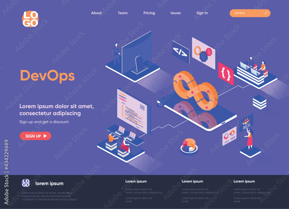 Leinwandbilder DevOps isometric landing page. Development operations, administration and monitoring isometry concept. Programming and engineering service flat web page. Vector illustration with people characters.