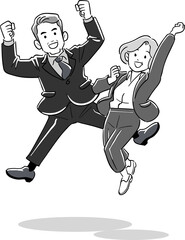 ジャンプするベテラン会社員の男女
