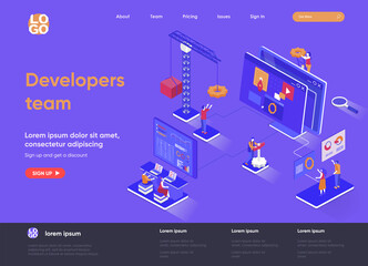 Developers team isometric landing page. Full stack software development company isometry concept. App engineering, programming and testing flat web page. Vector illustration with people characters.
