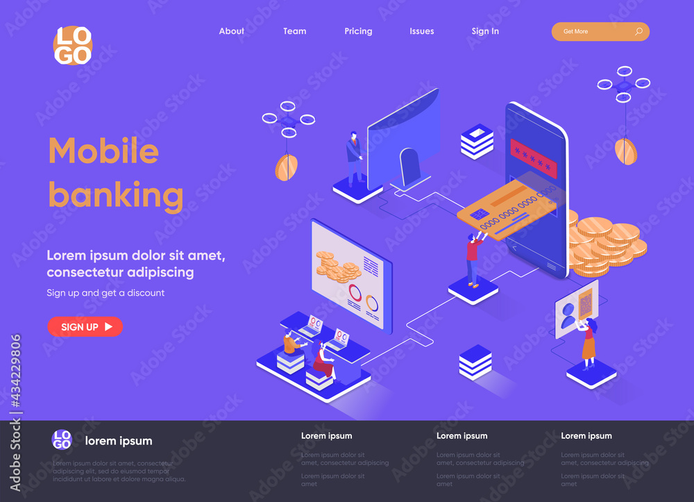 Fototapete mobile banking isometric landing page. smart finance app, money transactions and payments isometry c