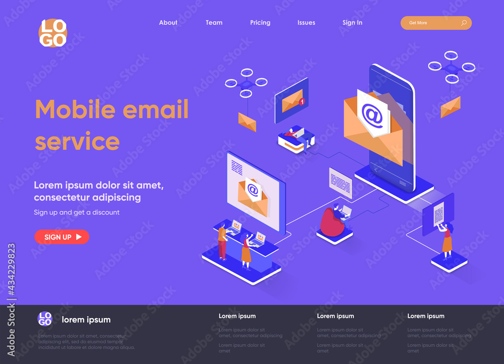 Poster mobile email service isometric landing page. email smartphone app, social network messaging isometry