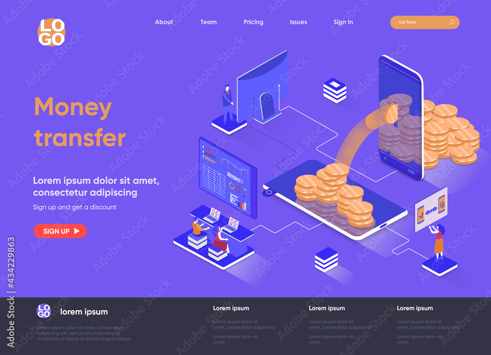 Aufkleber Money transfer isometric landing page. Internet banking mobile application isometry concept. Online money transaction and payment service flat web page. Vector illustration with people characters.