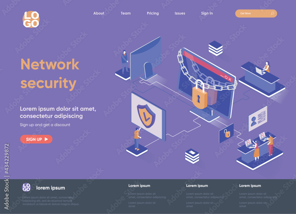 Poster network security isometric landing page. firewall software, password identification and privacy isom