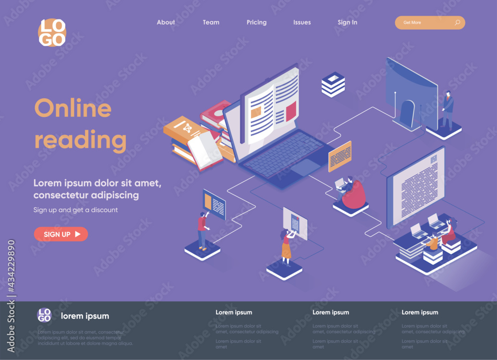 Leinwandbilder online reading isometric landing page. distance education and knowledge isometry concept. e-book rea