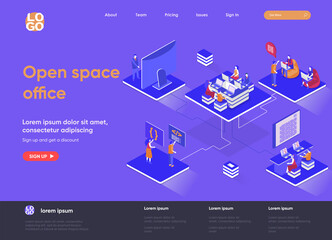 Open space office isometric landing page. Collaboration at coworking open space isometry concept. Comfortable workplace for developers team flat web page. Vector illustration with people characters.