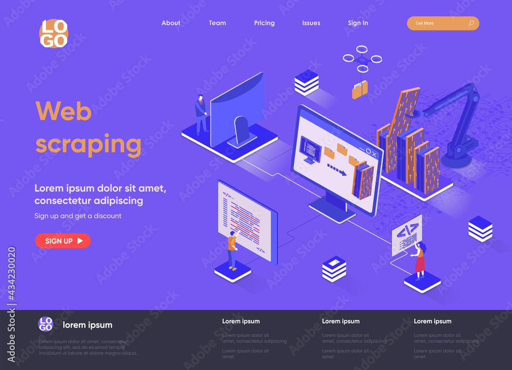 Fototapete Web scraping isometric landing page. Process of automatic collecting and parsing raw data from web isometry concept. Data extraction software flat design. Vector illustration with people characters.