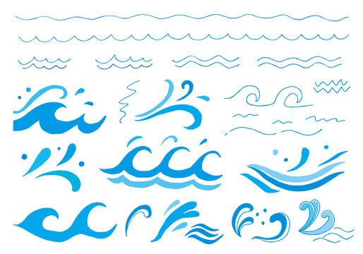 手描きのシンプルな波線・波イラストセット（カラー）