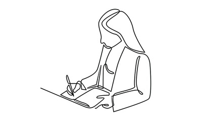 Continue line of woman writing on a book illustration