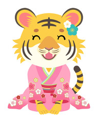 2022年　寅年　笑顔で挨拶する振袖のトラの女の子