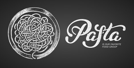 Pasta elegant hand written vector lettering isolated on black background with chalk plate of pasta