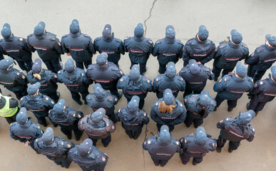 People are in the uniform of Russian policemen. Top view. Police squad concept.