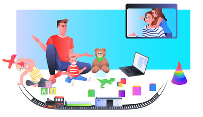 young father playing with little children and discussing with wife during video call fatherhood parenting concept