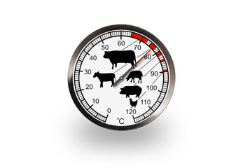 Meat thermometer isolated on a white background with soft shadow. The thermometer shows 77 degrees
