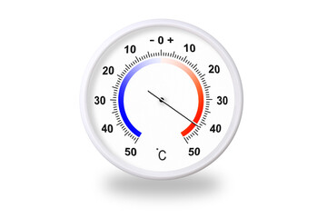 Outdoor thermometer on white background. Ambient temperature plus 42 degrees celsius
